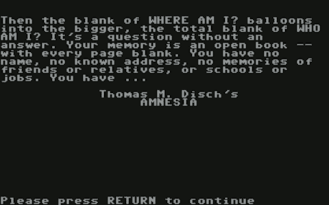 Screenshot of opening screen for Thomas M. Disch's "Amnesia"